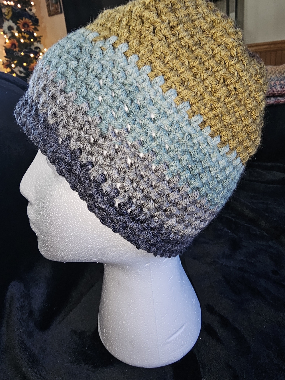 Handmade Multicolor Crochet Beanie - Mustard, Aqua & Charcoal